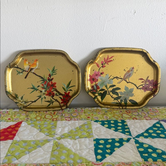 Vintage Other - Vintage Floral and Bird Gold Decorative Trays, Elite Trays Made In England 7”x6”